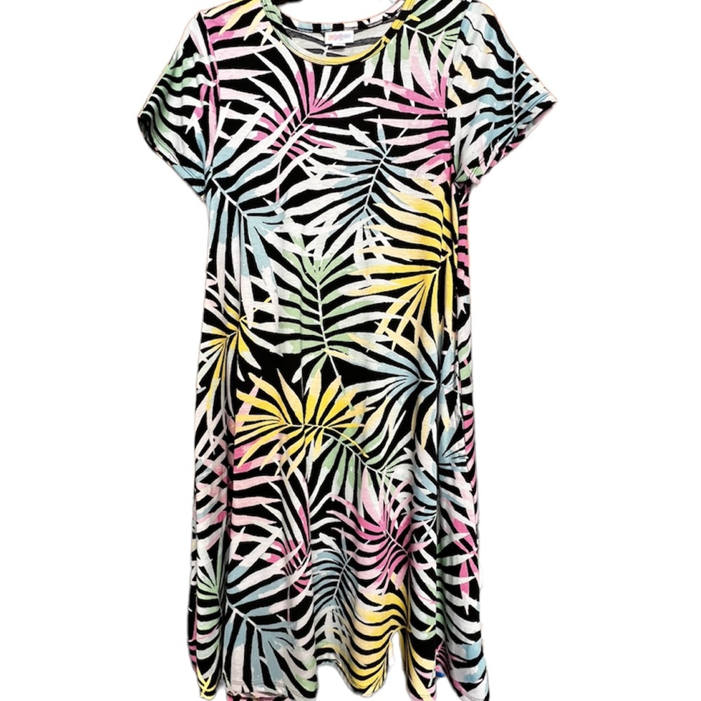 A Line dress multi color palm tropical pattern side pockets short sleeve A line - Picture 1 of 3